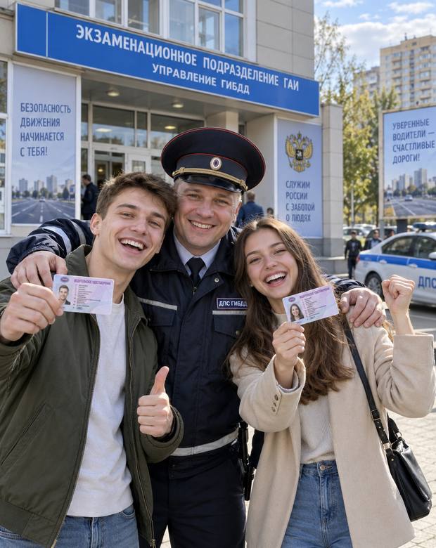 Довольные парень и девушка купили права и радуются возле экзаменационного подразделения ГАИ вместе с инспектором